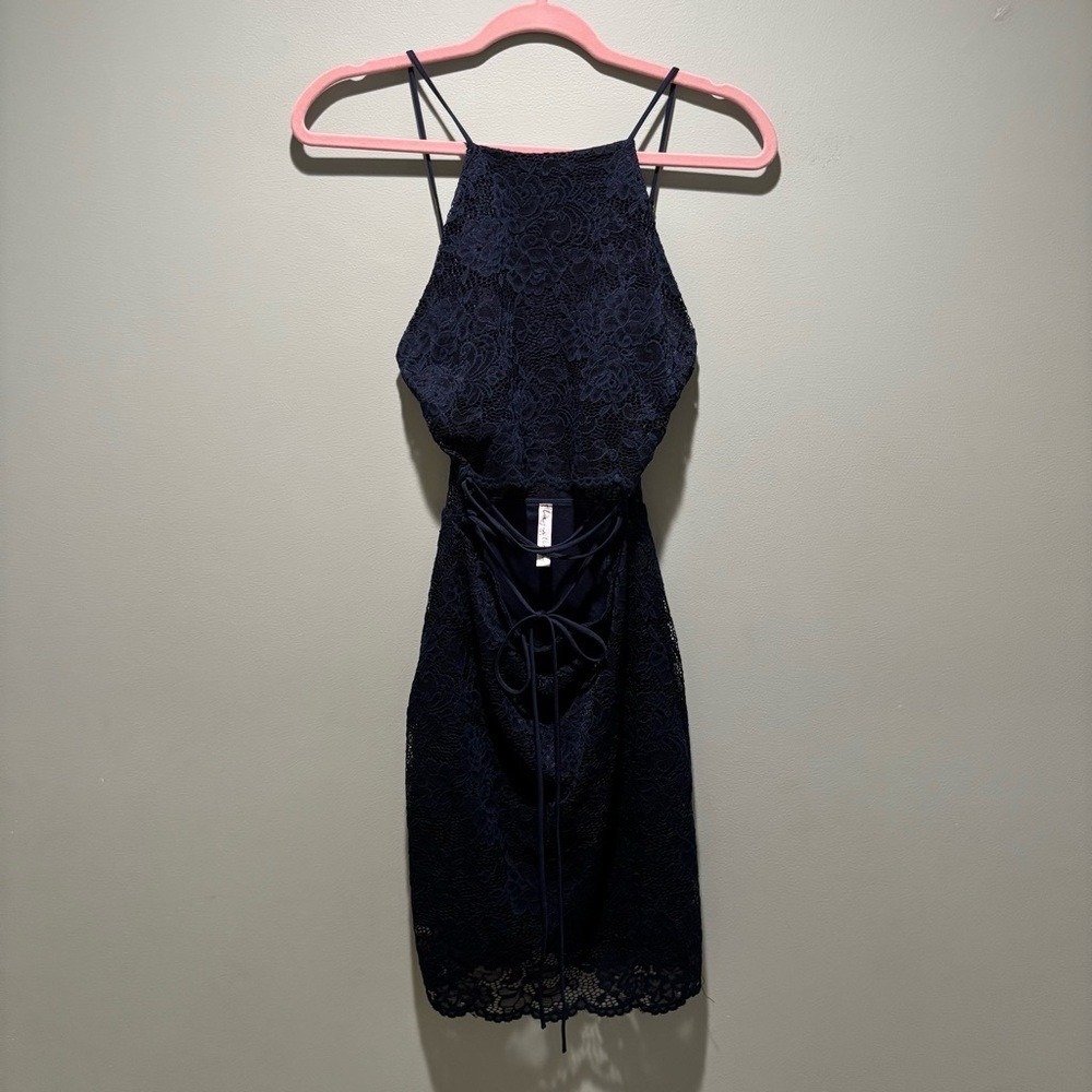 Lucy in the Sky Navy Blue Lace Cutout Mini Dress Strappy Bodycon USA Sz Small - Picture 3 of 11